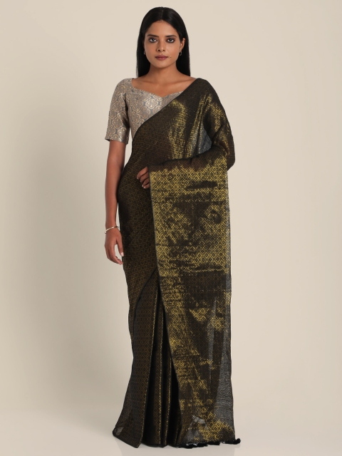 

Suta Black & Gold-Toned Woven Designed Mul Saree