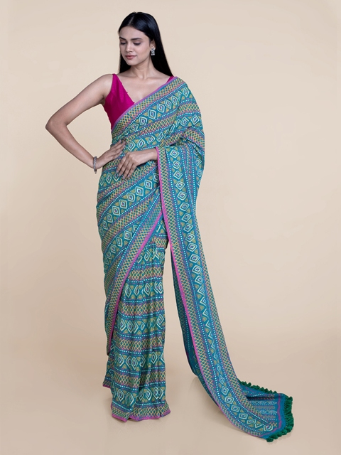 

Suta Teal Geometric Hand Block Print Mul Saree