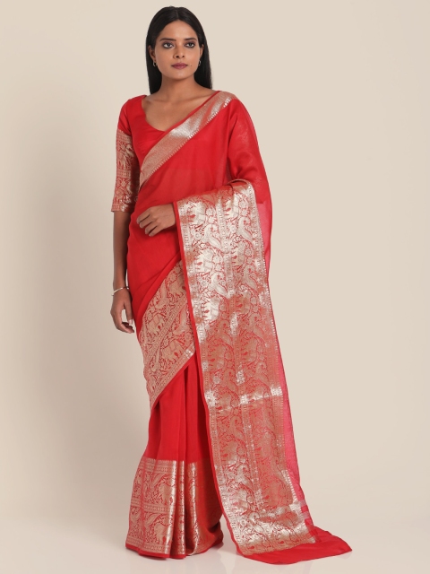 

Suta Women Red & Silver-Toned Solid Banarasi Saree