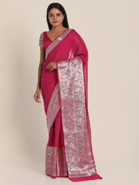 

Suta Women Pink & Silver Woven Designed Banarasi Saree