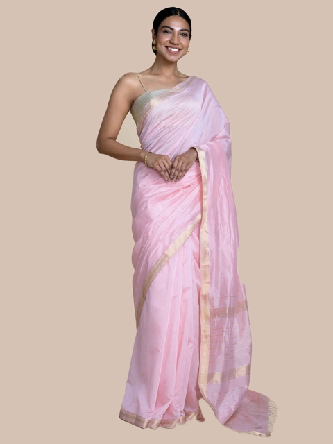 

Suta Women Pink Silver-Toned Solid Cotton Silk Saree
