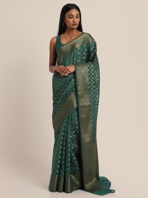 

Suta Green & Gold-Toned Woven Design Ethnic Motif Banarasi silk saree