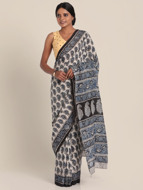 

Suta Blue & Cream-Coloured Pure Cotton Kalamkari Printed Saree