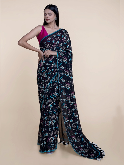 

Suta Black & Blue Warli Print Mul Saree