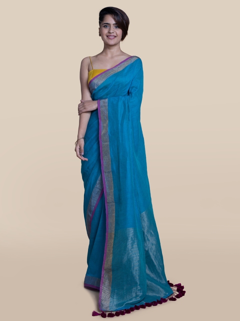 

Suta Blue & Silver-Toned Solid Linen Saree