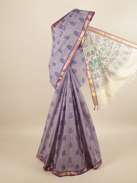 

Pothys Violet & Teal Ethnic Motifs Zari Pure Cotton Saree