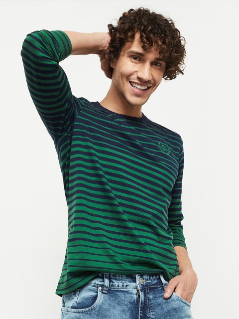 

max Men Green & Navy Blue Striped T-shirt