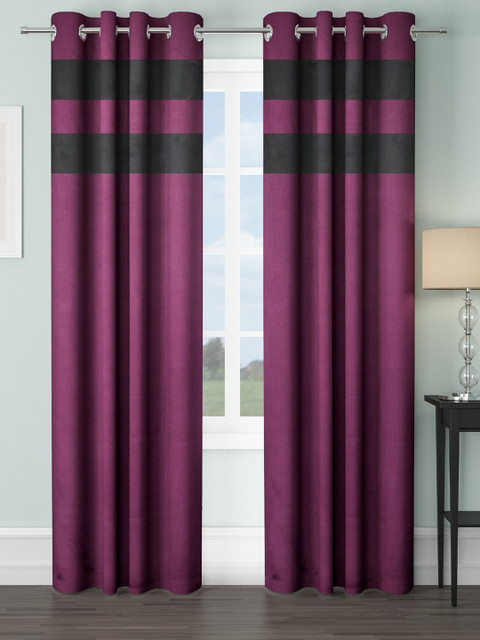 

VRINDA Burgundy & Black Set of 2 Colourblocked Black Out Long Door Curtains