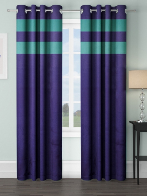 

VRINDA Blue & Teal Set of 2 Colourblocked Black Out Long Door Curtains