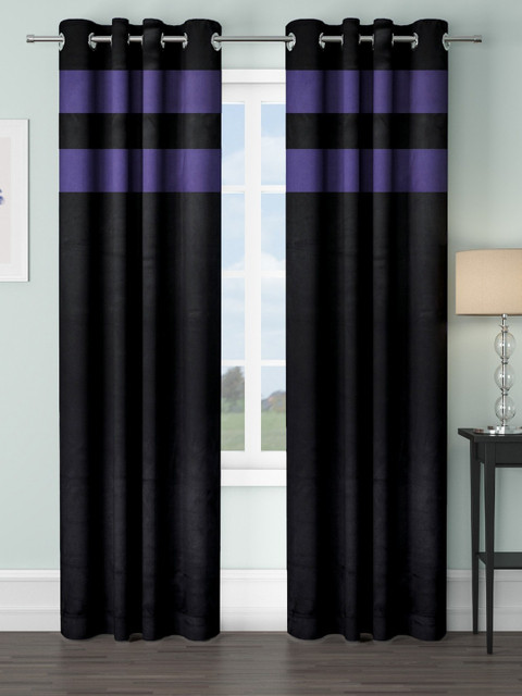 

VRINDA Black & Purple Set of 2 Colourblocked Black Out Long Door Curtains