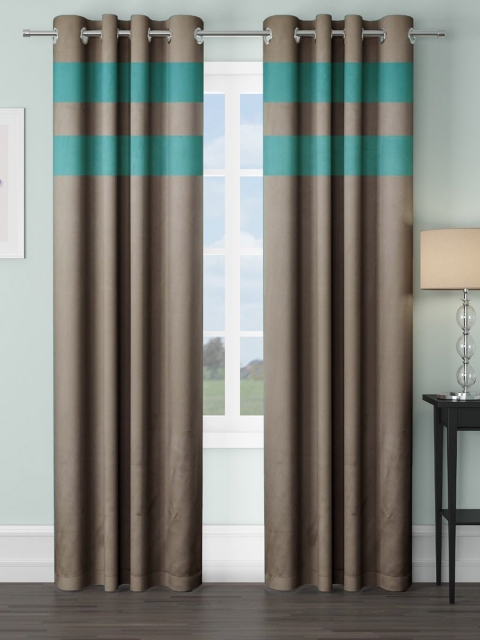 

VRINDA Taupe & Teal Set of 2 Colourblocked Black Out Long Door Curtains