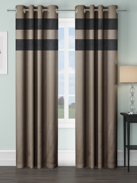 

VRINDA Taupe & Black Set of 2 Colourblocked Black Out Long Door Curtains