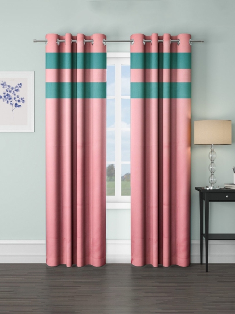 

VRINDA Pink & Sea Green Set of 2 Colourblocked Black Out Long Door Curtains
