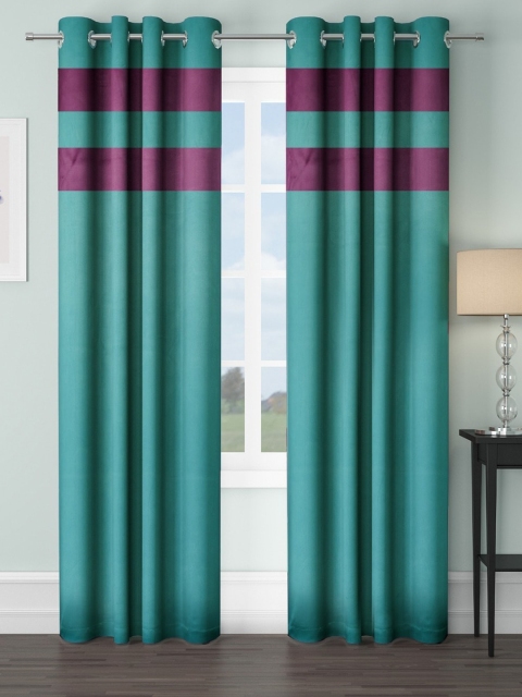 

VRINDA Teal & Purple Set of 2 Colourblocked Black Out Long Door Curtains