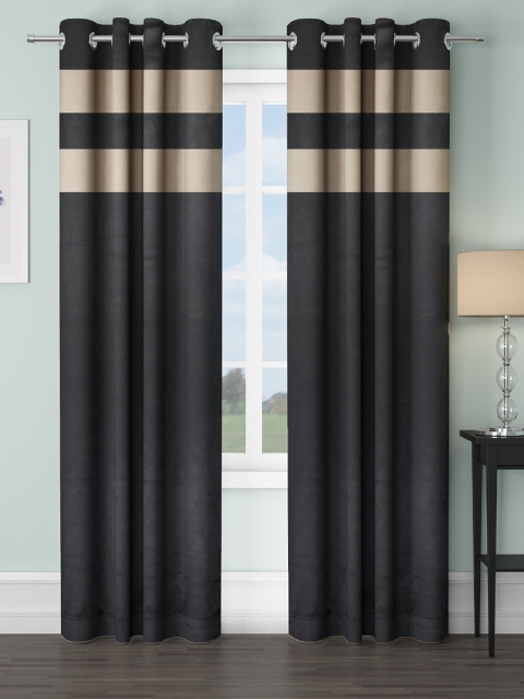 

VRINDA Black & Beige Set of 2 Colourblocked Black Out Long Door Curtains
