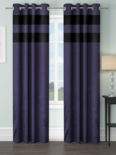 

VRINDA Navy Blue & Black Set of 2 Colourblocked Black Out Long Door Curtains