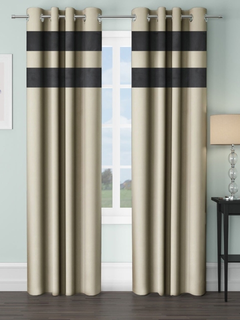 

VRINDA Beige & Black Set of 2 Colourblocked Black Out Long Door Curtains