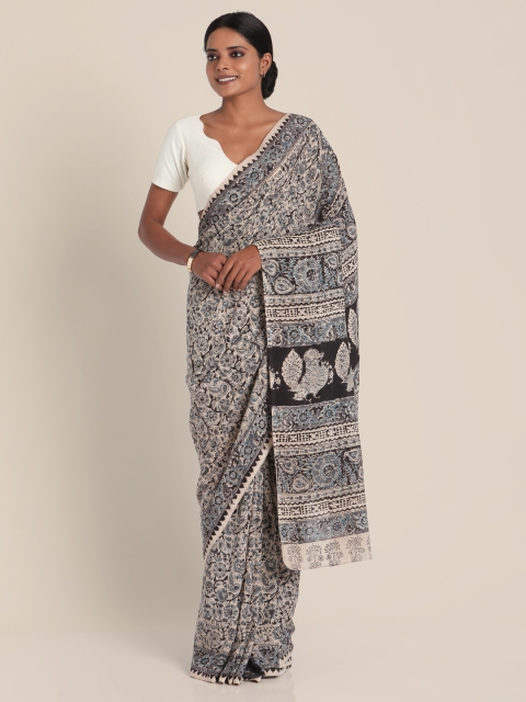 

Suta White & Black Pure Cotton Kalamkari Print Saree, Blue