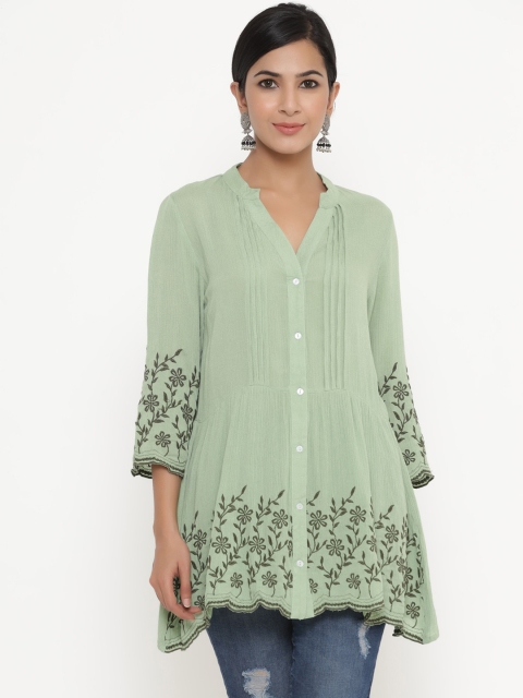 

Readiprint Fashions Green Floral Embroidered Shirt Style Top