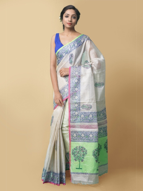 

Unnati Silks Women Grey Hand Block Printed Kota Tissue Saree