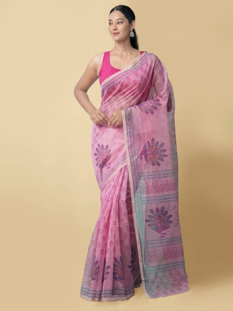 

Unnati Silks Women Pink Block Printed Supernet Saree