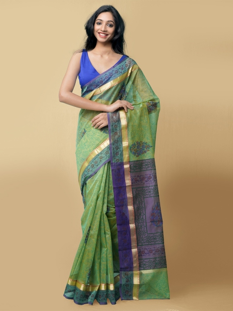 

Unnati Silks Women Green Block Printed Supernet Saree