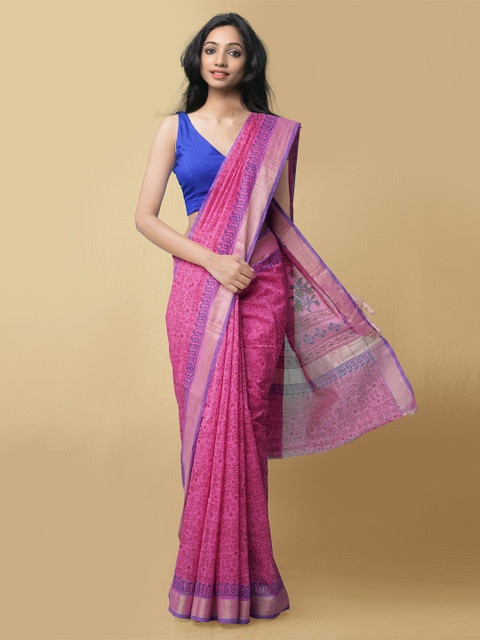 

Unnati Silks Women Pink Block Printed Chanderi Sico Saree