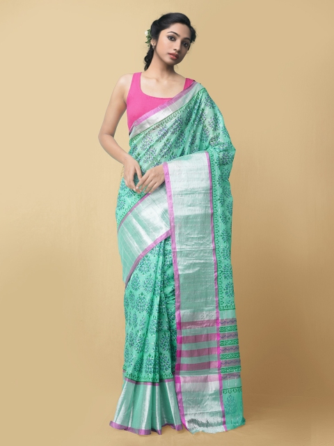 

Unnati Silks Women Green Pure Block Printed Mangalagiri Cotton Saree