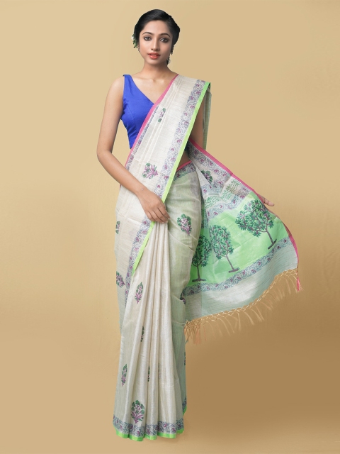 

Unnati Silks Women Grey Hand Block Printed Kota Tissue Saree