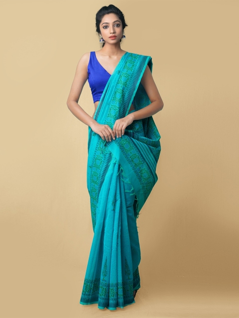 

Unnati Silks Women Blue Block Printed Chanderi Sico Saree
