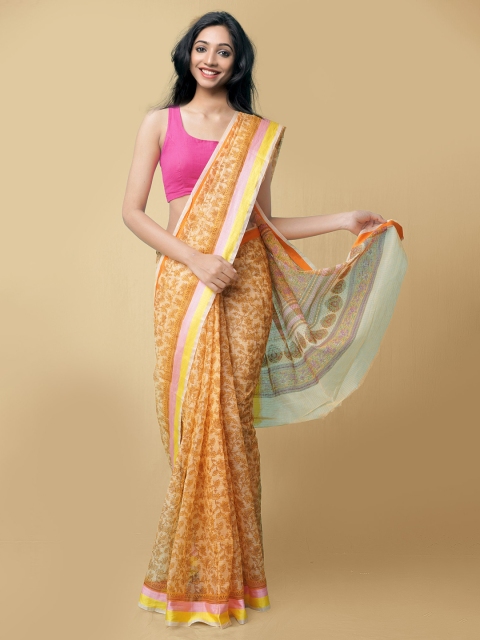 

Unnati Silks Women Orange Block Printed Kota Cotton Saree