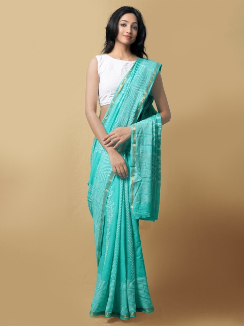 

Unnati Silks Women Blue Block Printed Mulmul Cotton Saree, Turquoise blue