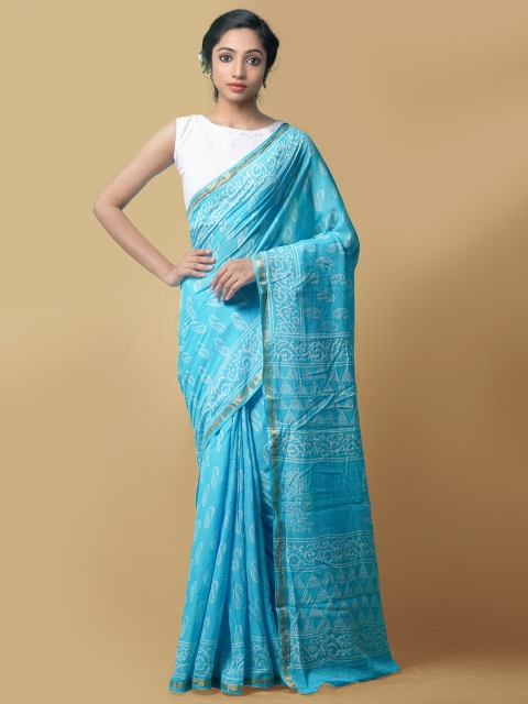 

Unnati Silks Women Blue Block Printed Mulmul Cotton Saree