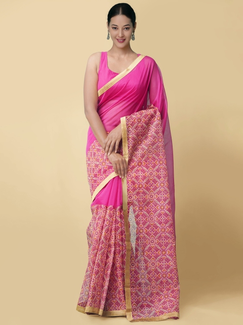 

Unnati Silks Women Pink Patola Printed Supernet Saree