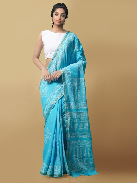 

Unnati Silks Women Blue Block Printed Mulmul Cotton Saree