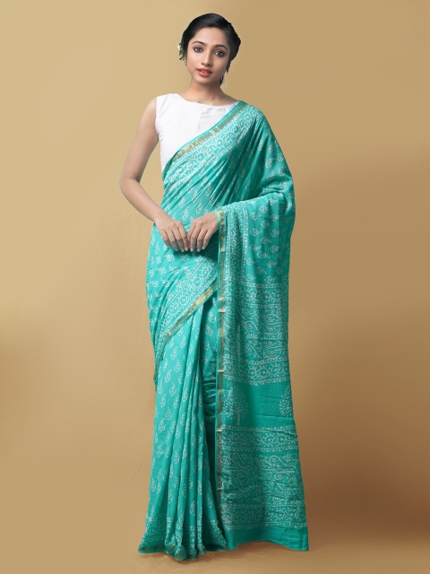 

Unnati Silks Women Blue Block Printed Mulmul Cotton Saree, Turquoise blue