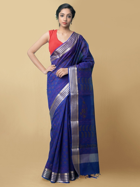 

Unnati Silks Women Blue Block Printed Chanderi Sico Saree