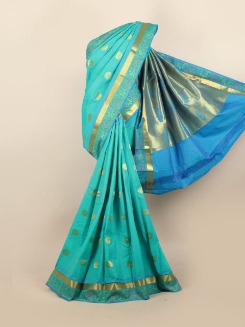 

Pothys Sea Green & Gold-Toned Woven Design Floral Motifs Zari Pure Silk Saree