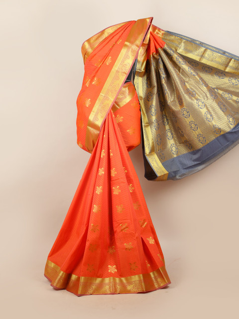 

Pothys Orange & Grey Woven Design Ethnic Motifs Zari Pure Silk Saree