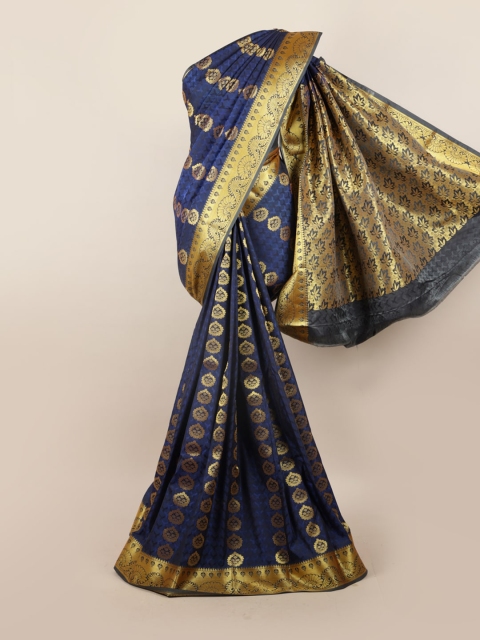 

Pothys Navy Blue & Gold-Toned Floral Motifs Zari Pure Silk Saree