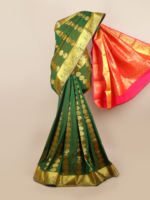 

Pothys Green & Pink Woven Design Ethnic Motifs Zari Pure Silk Saree
