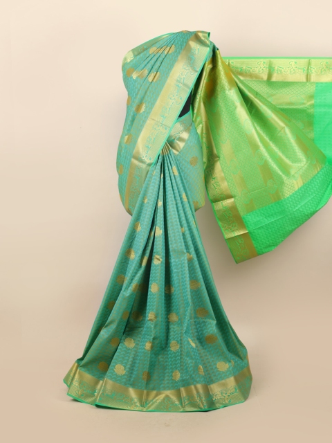 

Pothys Turquoise Blue & Gold-Toned Woven Design Floral Motifs Zari Pure Silk Saree
