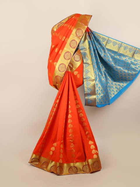 

Pothys Orange & Blue Woven Design Ethnic Motifs Zari Pure Silk Saree