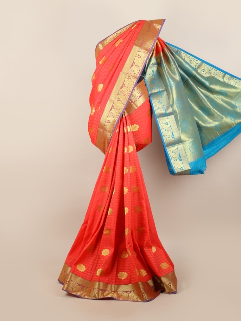 

Pothys Pink & Blue Woven Design Floral Motifs Zari Pure Silk Saree