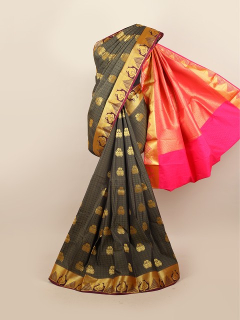 

Pothys Grey & Gold-Toned Woven Design Floral Motifs Zari Pure Silk Saree