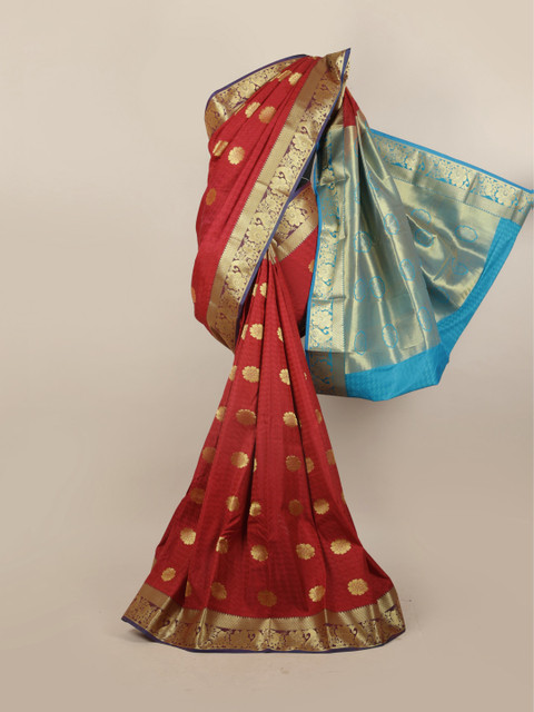 

Pothys Maroon & Blue Woven Design Floral Motifs Zari Pure Silk Saree