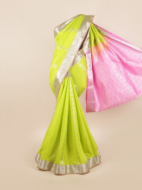 

Pothys Lime Green & Pink Floral Motifs Zari Silk Blend Saree