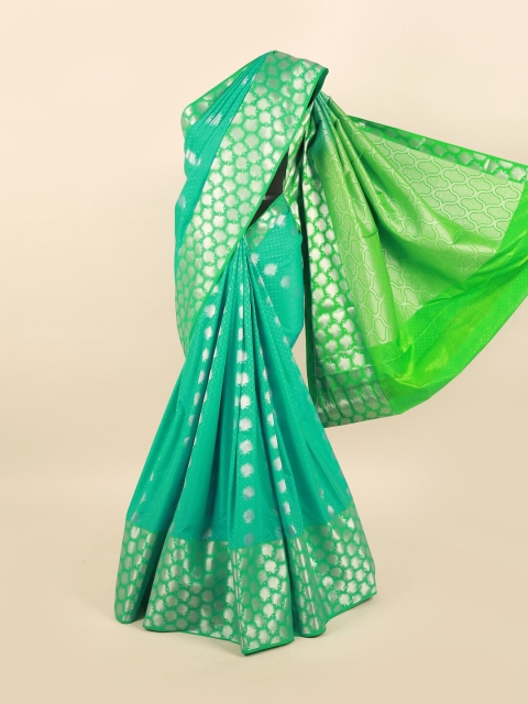 

Pothys Green & Silver-Toned Floral Motifs Zari Silk Blend Saree