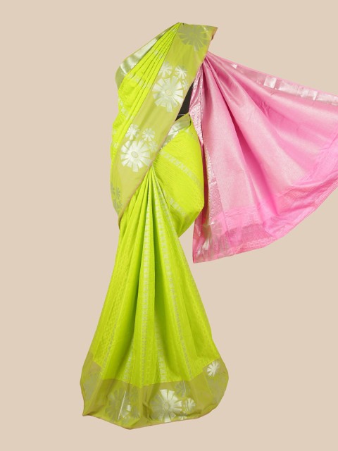 

Pothys Lime Green & Pink Floral Motifs Zari Silk Blend Saree