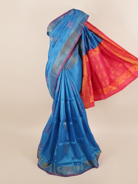 

Pothys Blue & Orange Floral Motifs Zari Silk Blend Saree